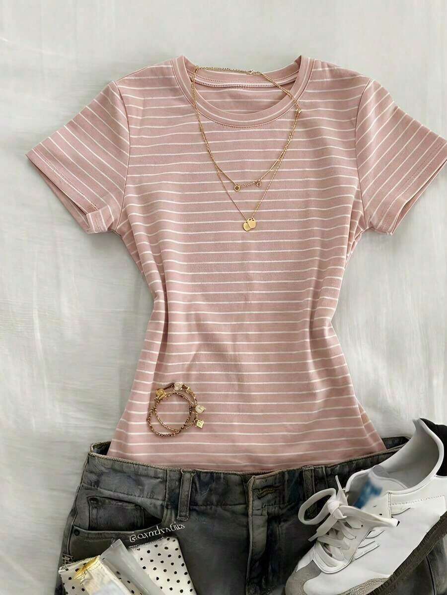 Camiseta ajustada de mujer de manga corta con cuello redondo de unicolor - Rosa - Ver 1