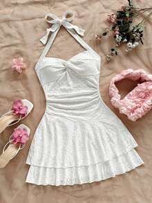 AVestido mini sexy con espalda descubierta, corbata en el cuello, dobladillo fruncido y doble capa, adecuado para fiestas, citas, San Valentín - Blanco 3 - Ver 6