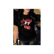 YOCASA Casual Summer T-Shirt for Women, with Round Neckline, Fitted And Short Sleeve, Featuring Oil Painting Print, Floral, Heart, Cherry, And Letter Patterns. Simple Casual Fabric, Sporty Style - [Negro] - Ver 7