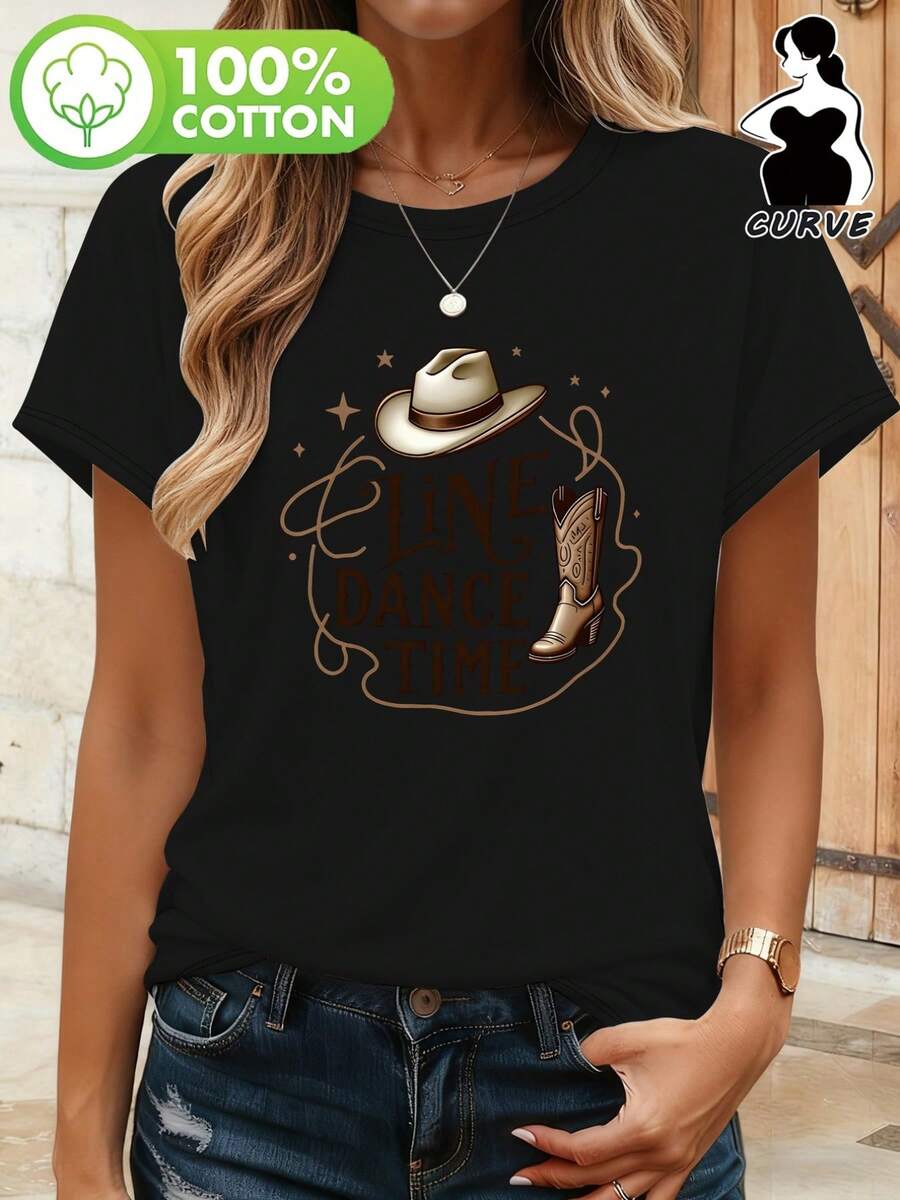 Plus Size - Plus Size - Line Dance Time, Women's 100% Round Neck Casual Loose Breathable Versatile Short Sleeve T-Shirt With Cowboy Hat Print PD-910 Summer Tops - Black - View 1