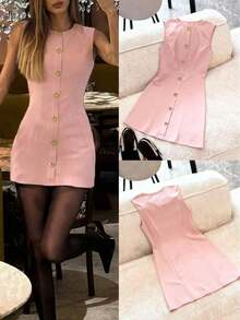 Vestido sin mangas con hebilla de metal en forma de corazón elástico, adecuado para fiestas, ir al trabajo, citas nocturnas, atuendo de vacaciones de verano en color negro - Rosa - Ver 6