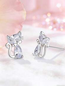 一对S925纯银森系可爱猫咪耳钉，镶嵌闪亮合成材料，卡通造型，甜美可爱，简约文艺，日常百搭，是女孩的理想配饰，也是节日礼物。 - 貓咪 - 查看 8