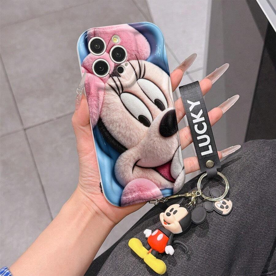 Disney Mickey Mouse Clubhouse Phone Case : 3D Fluffy Pattern Border Protector Phone Soft Phone Case With A Free Cute Mickey Bracelet Chain Lanyard, Mickey, Minnie, Goofy, Donald Duck, Daisy Duck, Pluto, For Apple 17 Promax 17 Pro 16 15 14 13 12 11 Pro Max XS Max X XR Soft Cover Summer Phone Case - trắng - Xem 1