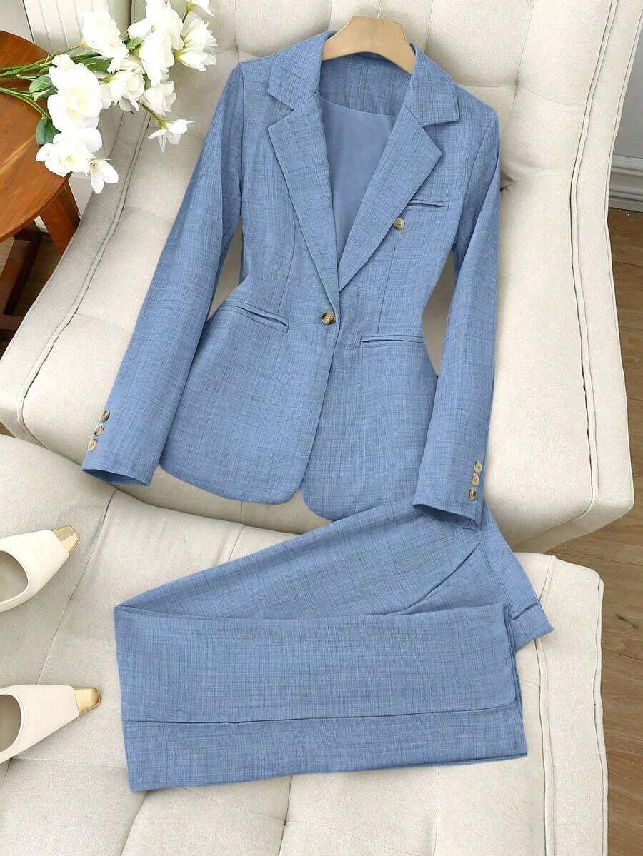 Conjunto de 2 piezas de chaqueta de traje y pantalones de cuello alto de un solo botón, estilo casual de negocios, apto para todas las estaciones - Celeste - Ver 1