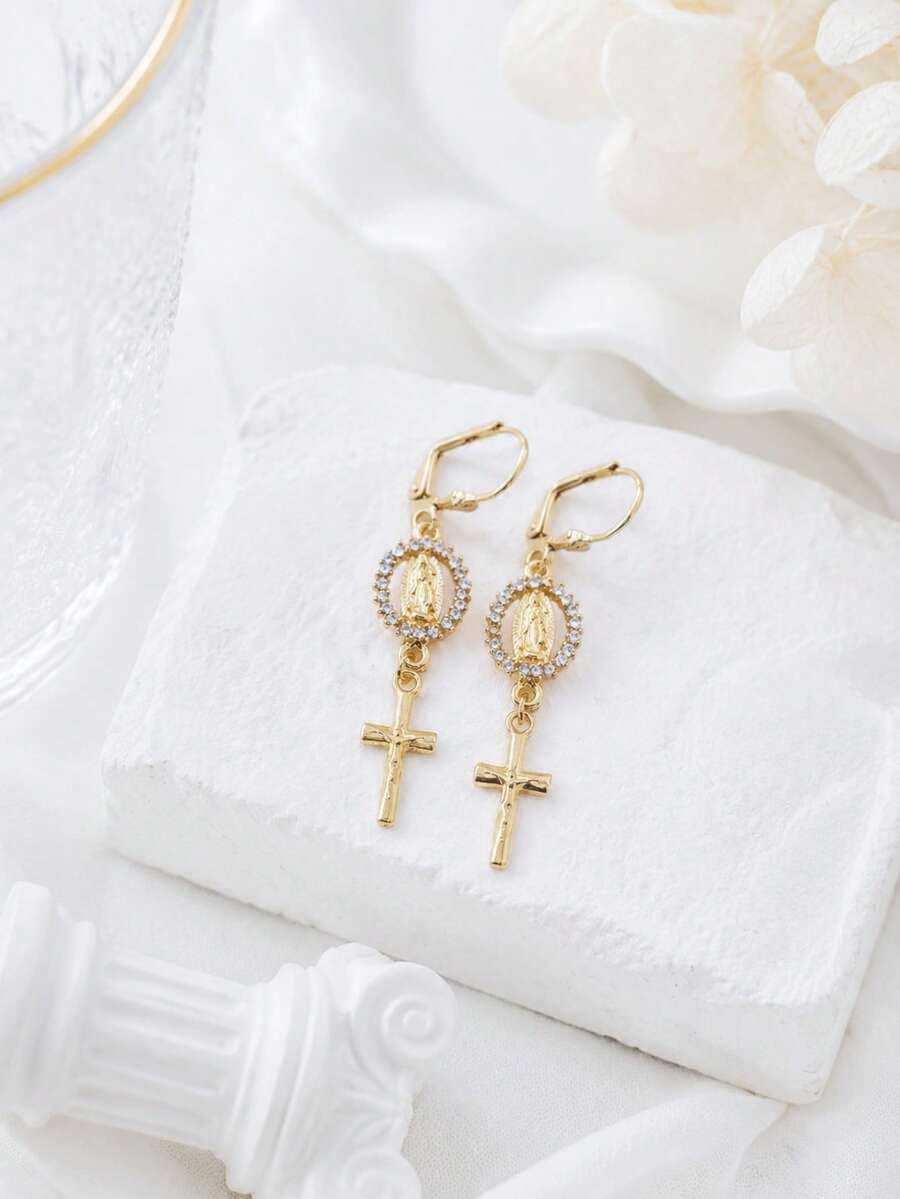 1 Đôi bông tai hình thánh giá Đức Mẹ Maria đính đá lấp lánh, thời trang và thanh lịch, phù hợp cho phụ nữ đeo hàng ngày. - Mary trinh nữ - Xem 1