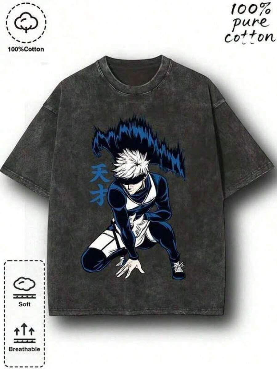 Couple's Vintage Washed Short-Sleeved Printed T-Shirt, Featuring A Round Neck, Regular Length, And Adorned With Gojo's Fighting Stance And The Word "Genius".With A Regular Hem, It Embodies The And Cool Style Of "Jujitsu Kaisen"Summer Outfits For Womenmen Summer Outfits Men's Washed Short-Sleeved Shirt And Casual Trousers Set, Suitable For Work, Commuting, Everyday Wear, And Sports.Easy To Care For, Durable, And Available In Multiple Sizes.A Must-Have Item For Women In Summer. - 黑色 - 查看 1