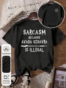 Plus Size Women's Party & Street Magical Quotes And Wand Graphic Round Neck Short Sleeve Casual Retro Black T-Shirt, Summer - Black - View 2