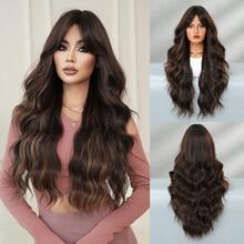 7JHH WIGS Pelucas largas onduladas y rizadas con flequillo de cortina para mujeres, de 28 pulgadas, de fibra sintética resistente al calor, esponjosas para uso diario, fiestas y cosplay (Rubio Ombré, Marrón Ombré, Rojo, Gris, Marrón Miel, Púrpura, Marrón Cálido) - Multicolor - Ver 14