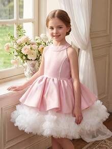 Young Girl Blue Bow Tie Mesh Dress, Elegant Little Girl Party Princess Dress, Suitable For Children's Birthday, Wedding, Flower Girl, Prom, Festival Celebration - Pink - View 1