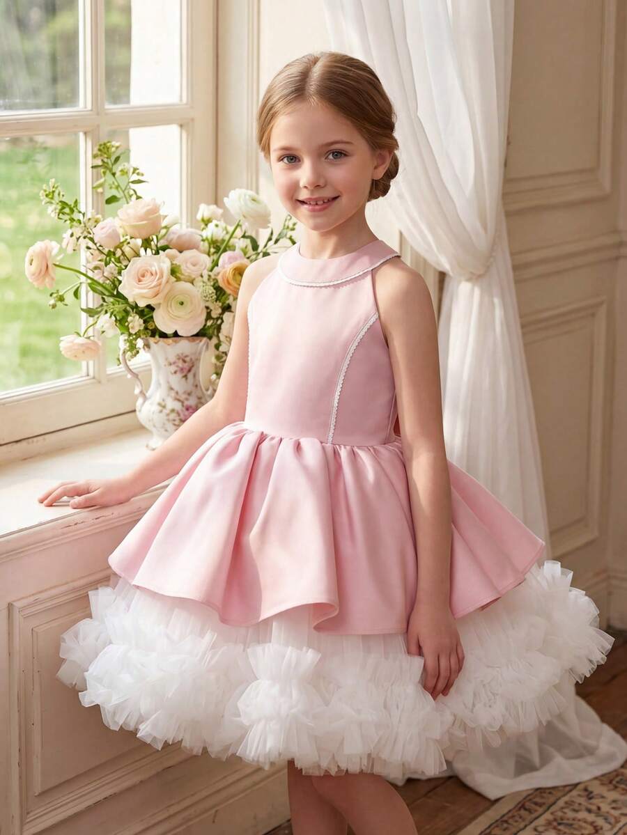 Young Girl Blue Bow Tie Mesh Dress, Elegant Little Girl Party Princess Dress, Suitable For Children's Birthday, Wedding, Flower Girl, Prom, Festival Celebration - Pink - View 1