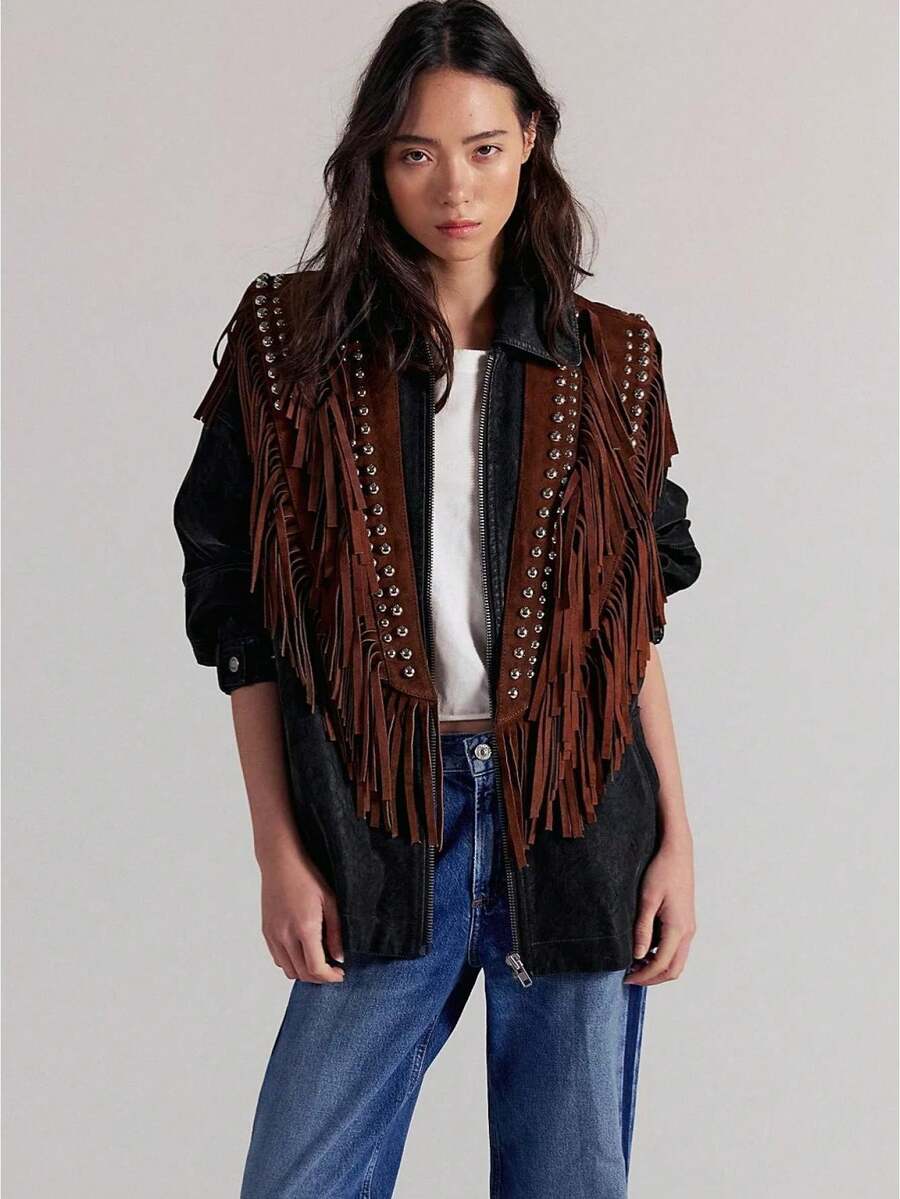 Women's Studded Suede Vest 70s Hippie Outfit Sleeveless Open Front Tassel Vest Collar - Marrón - Ver 1