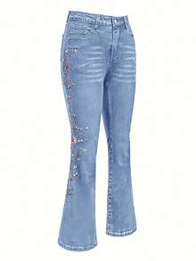 Ladies' Elegant Combination Denim Bell Bottom Pants, Decorated With Floral Embroidery, Suitable For All Seasons, Suitable For Daily Outings, Back To School Season, Rural Concerts - Light Blue - View 6