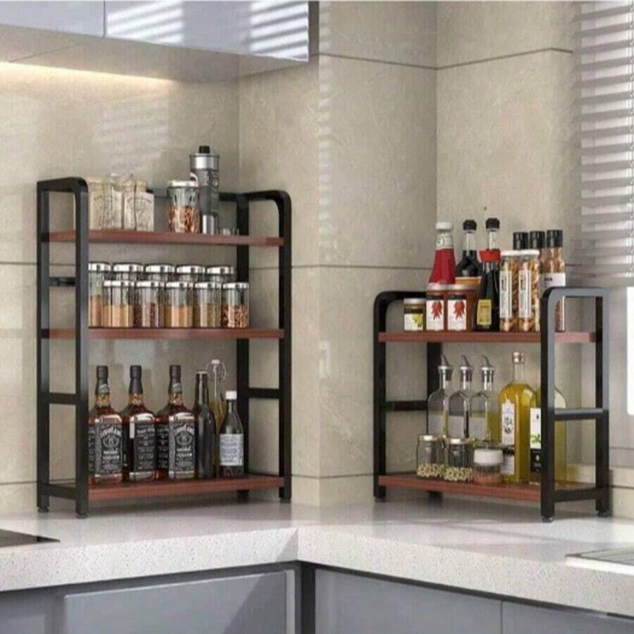 1 pieza Estante de almacenamiento de cocina de metal sin taladro, estante de cocina de doble capa, estante de almacenamiento de arte de hierro y madera, almacenamiento de cocina multifuncional, estante de esquina, estante de especias, almacenamiento de gran capacidad de múltiples capas, diseño estable sin taladro, puede almacenar cuencos, platos, ollas, botellas de especias y verduras, libera espacio en la encimera, adecuado para almacenamiento de cocina y suministros de almacenamiento del hogar