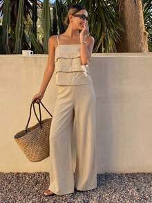 Conjunto de 2 piezas de top de tirantes con volantes y pantalones sueltos casuales de verano para mujer - Beis - Ver 6