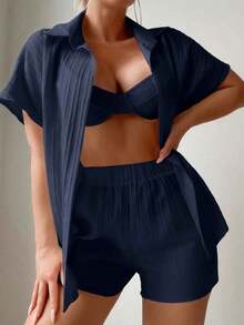 Swim Basics Conjunto casual de camisa tipo kimono y pantalones cortos de unicolor para mujer - Azul marino - Ver 5