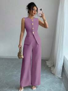 Traje casual/de trabajo elegante de mujer con decoración de botones florales - Púrpura malva - Ver 1