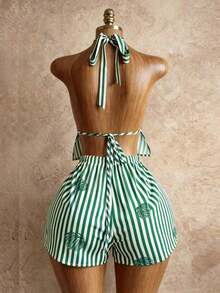 Conjunto de verano sexy, lindo y elegante romántico con top de tirantes con cuello en V profundo de lino a rayas blancas y caqui, emparejado con shorts casuales de playa de cintura con cordón, color rosa - Verde - Ver 2