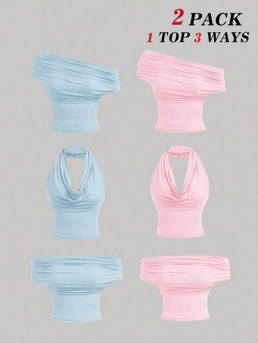 Set de 2 blusas casuales de unicolor de ajuste ceñido que se pueden usar de 3 maneras para mujeres - Celeste - Ver 1