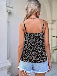 Camiseta de verano para mujer con estampado de leopardo marrón, de estilo minimalista, retro y elegante, versátil para uso diario o vacaciones.Camiseta de mujer con escote en V y encaje de contraste a la moda - Multicolor 9 - Ver 4