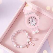 Bộ 2 đồng hồ phát sáng cho bé gái - Đồng hồ thạch anh phát sáng hình thỏ và đồng hồ dây hạt hình mèo (Không hộp), thích hợp cho mùa tựu trường. - Hồng - Xem 2