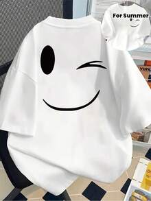 Camiseta con Estampado de Cara Sonriente y Guiño, Manga Corta, Cuello Redondo, Estilo Casual para Primavera y Verano, Ropa de Mujer, Camiseta Y2k - Blanco - Ver 10