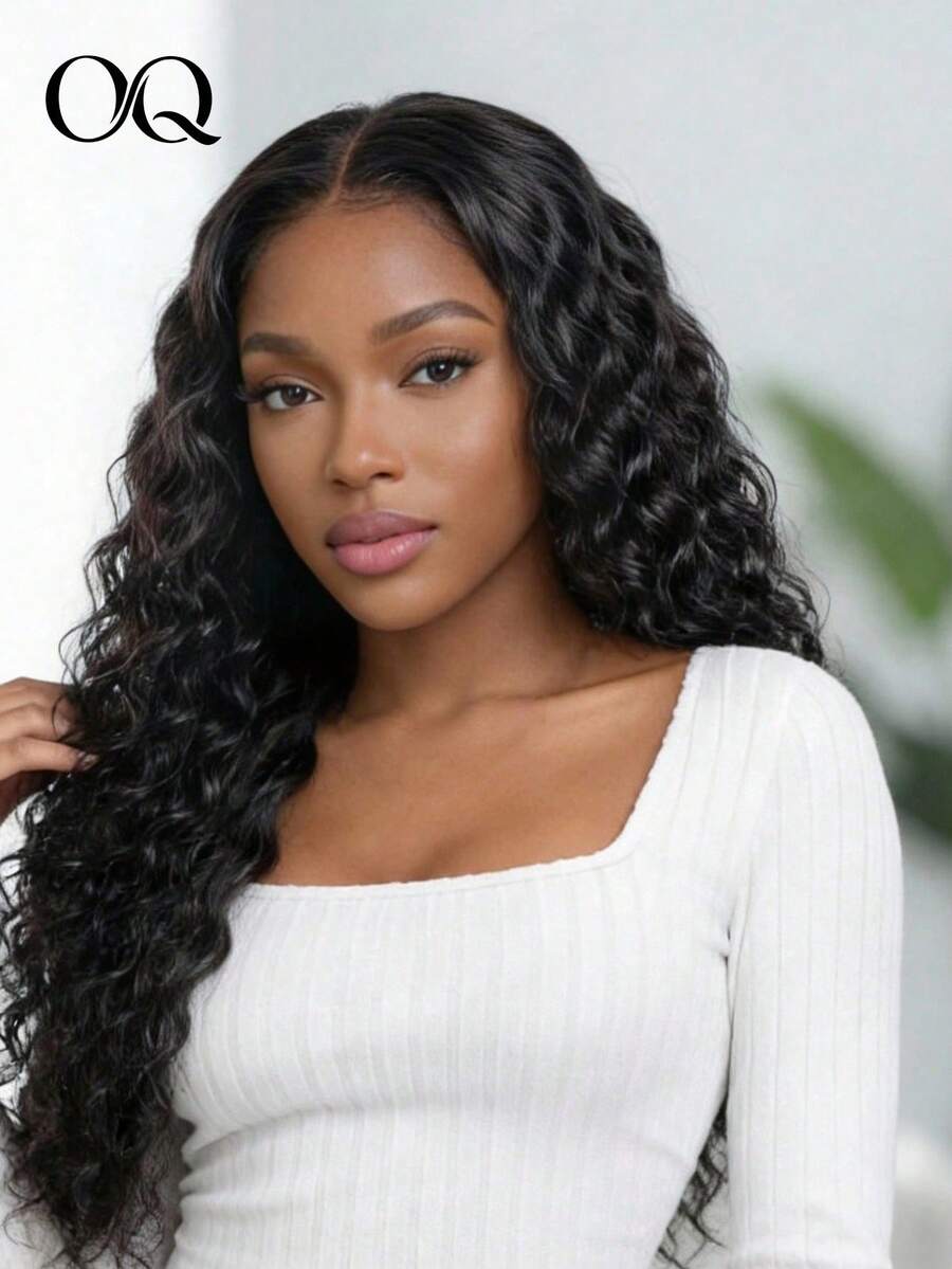 OQ M Model Water Wave Curly Human Hair Pre-Cut 9x6 Inch Transparent Lace Bleached Knots No Glue No Adhesive 200% Density 16-28 Inch Pre-Trimmed Hairline No Glue Needed Beginner Friendly Natural Color - SNatural - View 1