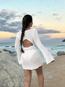 Vestido corto de punto transparente con espalda descubierta y diseño calado, para playa y vacaciones, de unicolor y manga larga, para primavera/verano - Blanco - Ver 3