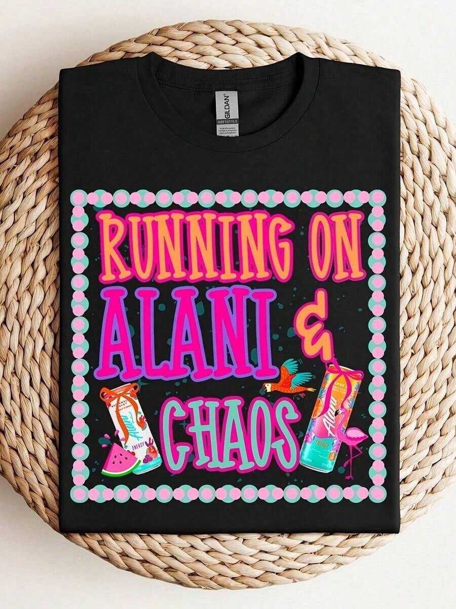 Conjunto para el Día de la Madre, Camiseta Running On Alani And Chaos, Camiseta Coquette Alani, Camiseta Divertida de Bebida Energética, Corte Relajado, Manga Corta, Cuello Redondo, Unisex, Ropa Urbana, para Gimnasio, Conciertos, Conjuntos Familiares a Juego, Año Nuevo 2026 - Camiseta de Moda Urbana - Transpirable y Ligera - Ajuste Cómodo - Casual y Elástica - Patrón Geométrico - Camisetas Casuales de Mujer - Negro - Ver 1