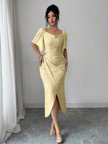xheModelyn Vestido elegante ajustado con cuello de volantes, mangas de pétalos y hebilla metálica de bloque de color para mujer, primavera/veranoxhe - Amarillo - Ver 5