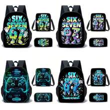 3pcs/Set Backpack, Creative 6 & 7 Number/Game Pattern, Unisex, Including Sling Bag, Pencil Case And Backpack - Multicolor - View 1