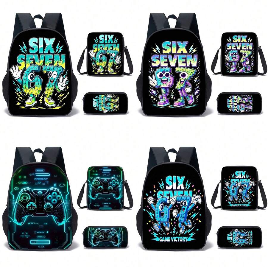 3pcs/Set Backpack, Creative 6 & 7 Number/Game Pattern, Unisex, Including Sling Bag, Pencil Case And Backpack - Multicolor - View 1