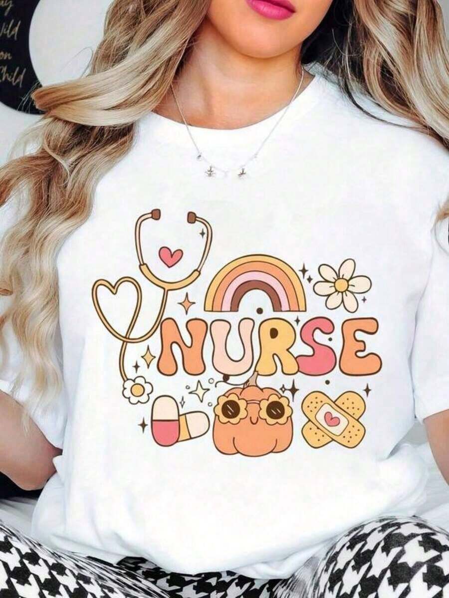 Nurse T-Shirt With Stethoscope, Rainbow Flowers And Bandage Print For Medical Workers And Healthcare Professionals - Putih - View 1