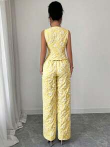 Conjunto de 2 piezas de chaleco y pantalones azules, con estampado de margaritas africanas, jacquard en relieve, elegante y casual para uso diario y de oficina, para mujer - Amarillo claro - Ver 2