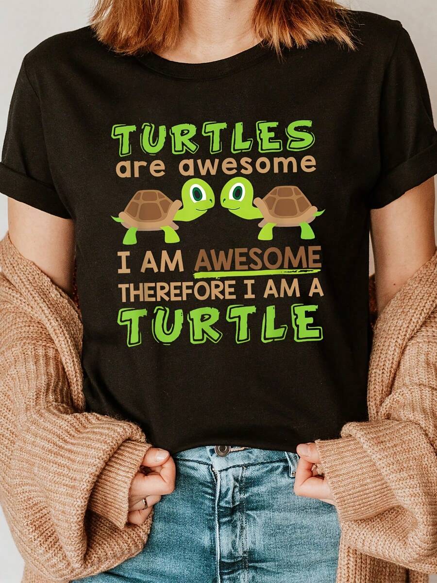 Elegante Top Diario Y-Dos tortugas mirándose una a la otra, camiseta con estampado de tortugas, top casual de manga corta y cuello redondo para verano y primavera, ropa de mujer, camiseta de moda chic. - Negro - Ver 1