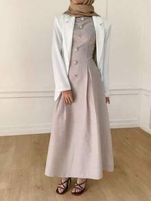 Vestido elegante sin mangas con decoración de sol de metal con estampado de lunares para mujer - Albaricoque - Ver 4
