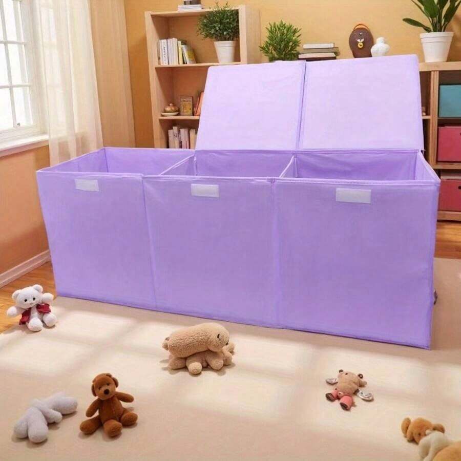 3-Grid Extra-Large Children's Toy Box, Storage Box, Foldable And Sturdy Storage And Organizing Box With Mesh Pockets, Size 40 Inches *14 Inches *16 Inches, Storage Basket, Pink, Holiday Gift, Suitable For 16 Scenarios - 紫色 - 查看 1
