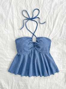 Camiseta de cuello halter casual gris azul texturizada para mujer de vacaciones - Azul - Ver 3
