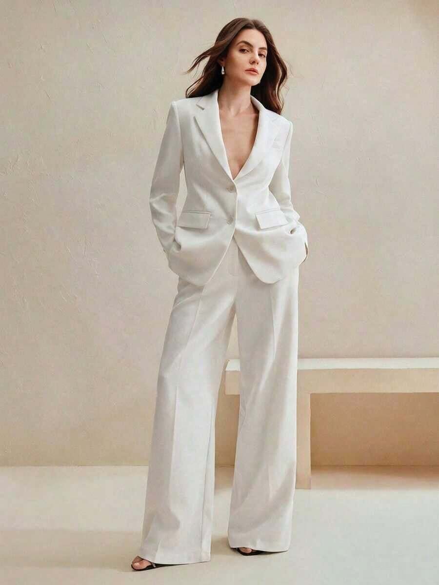 Conjunto de traje de mujer, blazer de unicolor estilo vintage + pantalones rectos, 2 piezas - Blanco - Ver 1