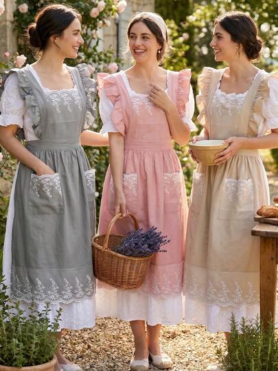 1pc French Country Vintage Lace Embroidery Apron, Women's Ruffle