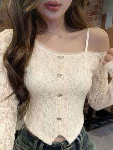 優雅休閒甜美性感街頭風奶油白精緻花卉蕾絲長袖露肩開襟衫，配有精緻蝴蝶結鈕扣，春/夏 - 乳白色 - 查看 2