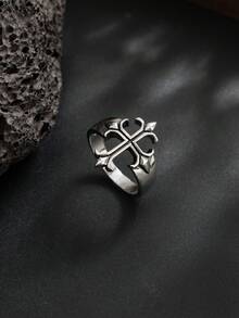 1 pieza Anillo de cruz gótico, anillo ajustable de estilo punk vintage desgastado de plata asimétrica, accesorio de moda callejera para hombres - Plata antigua - Ver 1