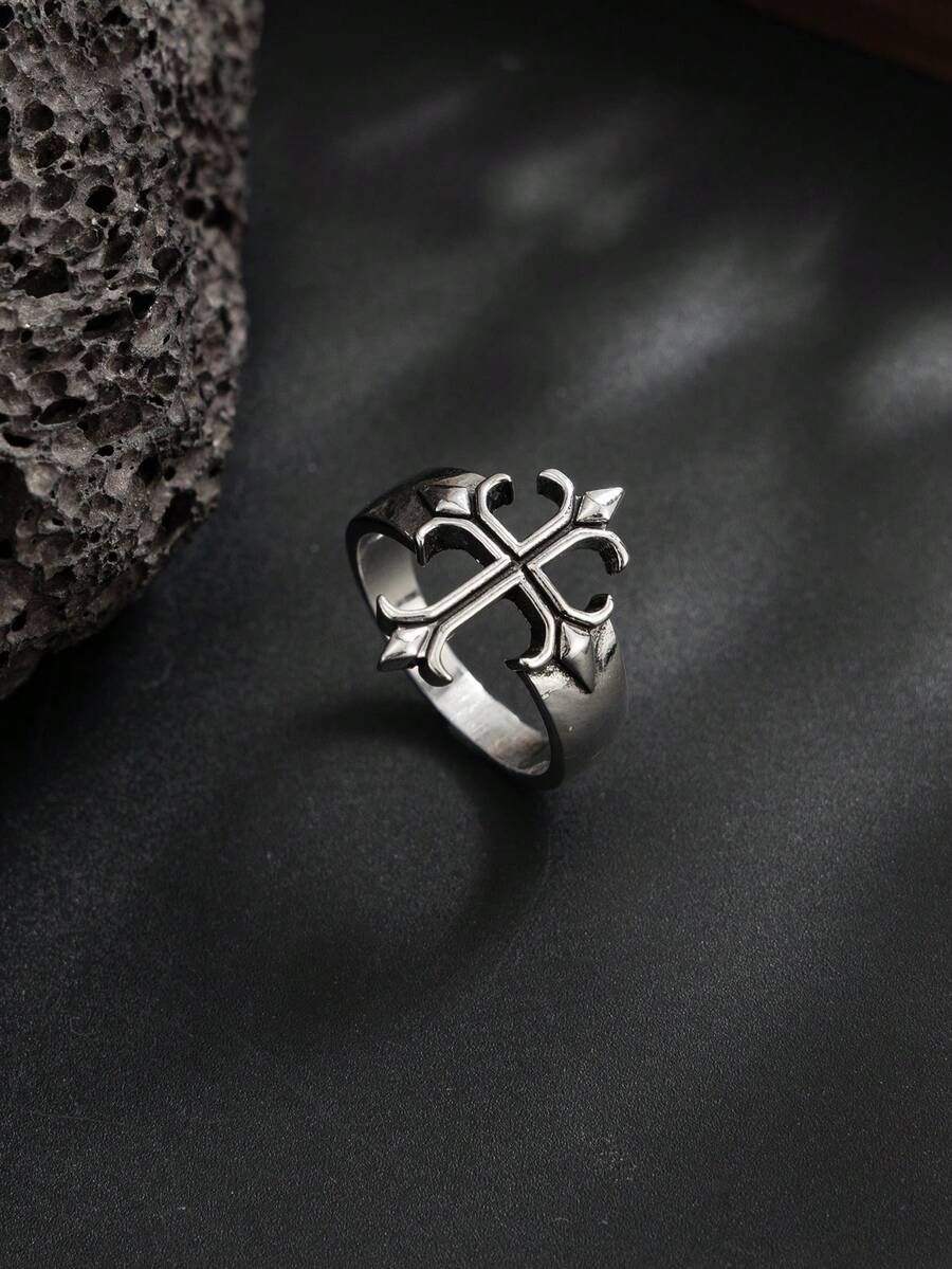 1 pieza Anillo de cruz gótico, anillo ajustable de estilo punk vintage desgastado de plata asimétrica, accesorio de moda callejera para hombres - Plata antigua - Ver 1