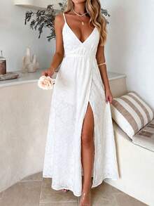 Vestido de mujer Vellofy de encaje blanco con escote en V profundo, vestido de estilo vacacional con cintura ceñida y abertura, adecuado para fiestas, citas, atuendos de playa, elegante - Blanco - Ver 4