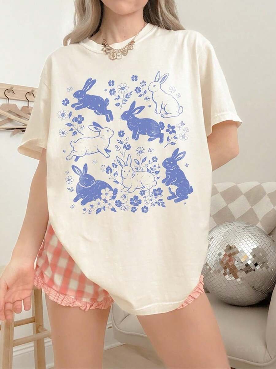 90s Floral Bunnies Graphic S1Hirt, Vintage Easter Bunnhirt, R T1EE, Spring CottageE1core T1S1Hirt