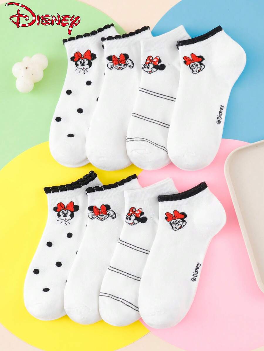 Disney 1/4/8 双装迪士尼女士短袜 - 米妮趣味卡通可爱时尚条纹波点蕾丝边 - 弹性好,适合日常穿着 - 彩色 - 查看 1