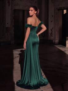 Elegant Off-Shoulder Draped Side Slit Formal Party Dress, Ball Gown, Wedding Guest Dress, Graduation Ceremony Dress - Dark Green - View 3