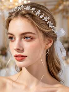 1pc Handmade Plum Blossom Design Bridal Headpiece, Elegant - Silver - View 1