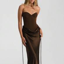 New Arrival Solid Strapless Dress Set High Waist With Bow Flowy - 紫紅色 - 查看 5
