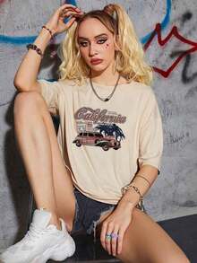Off-The-Shoulder T-Shirt With Car Print And Slogan - Khaki - View 10