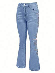 Ladies' Elegant Combination Denim Bell Bottom Pants, Decorated With Floral Embroidery, Suitable For All Seasons, Suitable For Daily Outings, Back To School Season, Rural Concerts - Light Blue - View 4